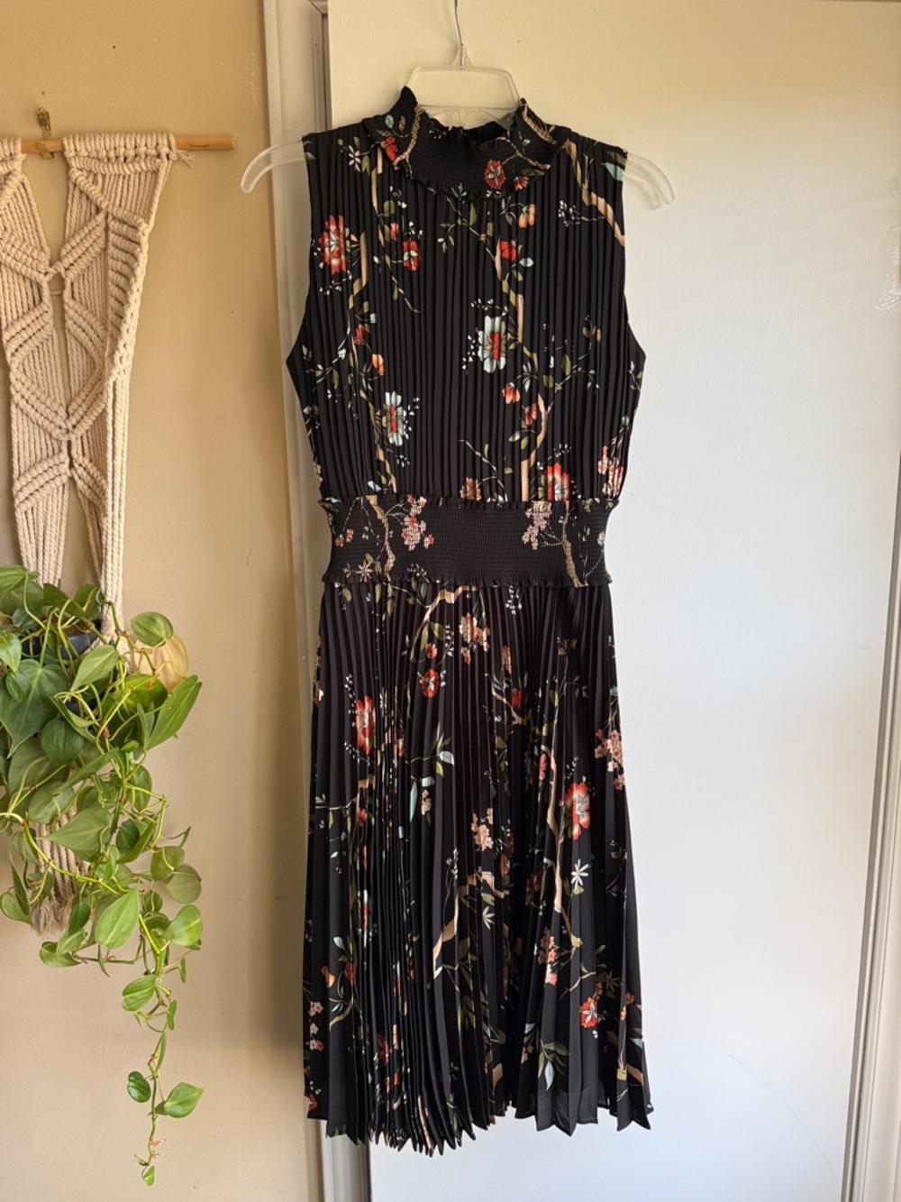 Nanette Lepore Black Floral Pleated Midi Dress